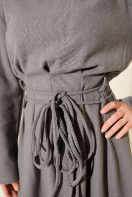 Selanik Beli İp Detaylı Elbise Gri - Elbise