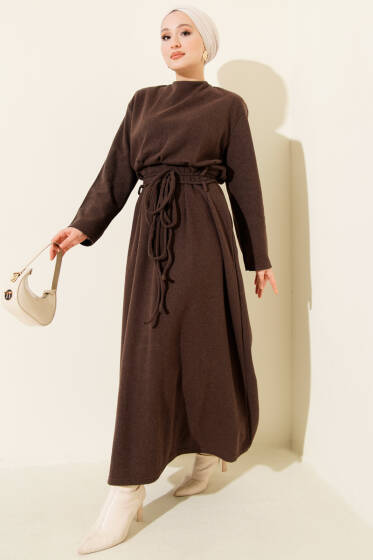 Selanik Beli İp Detaylı Elbise Kahve - Elbise