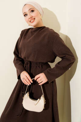 Selanik Beli İp Detaylı Elbise Kahve - Elbise