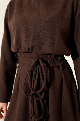 Selanik Beli İp Detaylı Elbise Kahve - Elbise