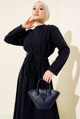 Selanik Beli İp Detaylı Elbise Lacivert - Elbise