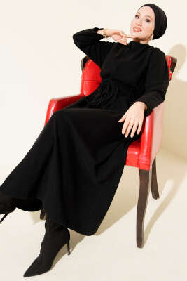 Selanik Beli İp Detaylı Elbise Siyah - SAS