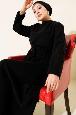 Selanik Beli İp Detaylı Elbise Siyah - Elbise