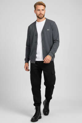 Selanik Düğmeli Erkek Hırka Füme - Erkek Hırka