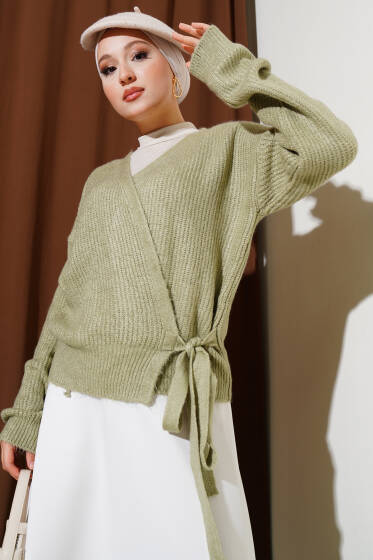 Selanik Örgü Bağlamalı Triko Hırka Çağla Yeşili - Hırka