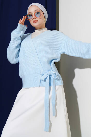 Selanik Örgü Bağlamalı Triko Hırka Mavi - Hırka