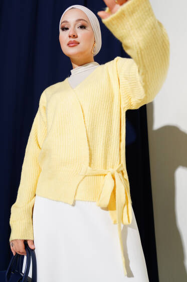 Selanik Örgü Bağlamalı Triko Hırka Sarı - Hırka