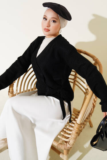 Selanik Örgü Bağlamalı Triko Hırka Siyah - Hırka