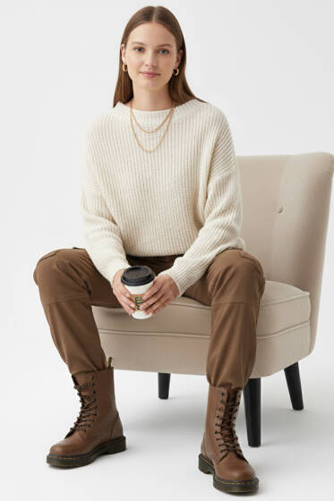 Selanik Örgü Detaylı Kazak Bej - Kadın Giyim Modelleri