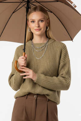 Selanik Örgü Detaylı Kazak Çağla Yeşili - Kadın Giyim Modelleri