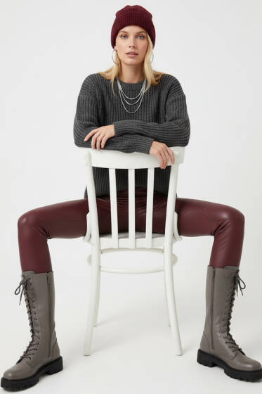 Selanik Örgü Detaylı Kazak Füme - Kadın Giyim Modelleri