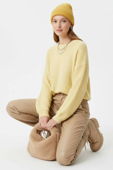 Selanik Örgü Detaylı Kazak Sarı - Kadın Giyim Modelleri