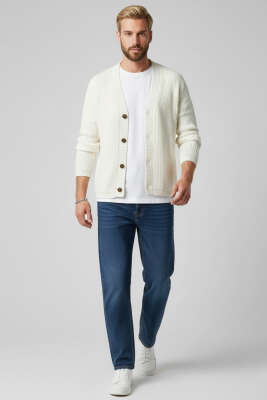 Selanik Örgü Düğmeli Erkek Triko Hırka Ekru - Erkek Hırka