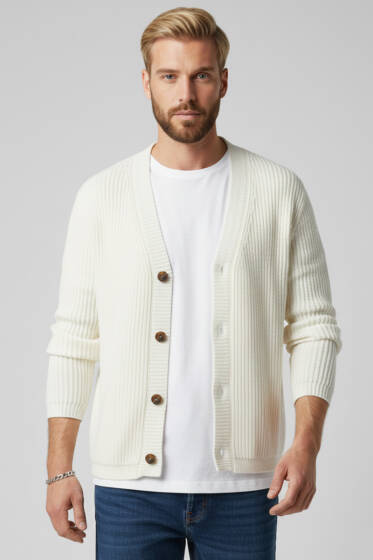 Selanik Örgü Düğmeli Erkek Triko Hırka Ekru - Yeni Erkek Giyim