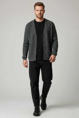 Selanik Örgü Düğmeli Erkek Triko Hırka Füme - Erkek Hırka