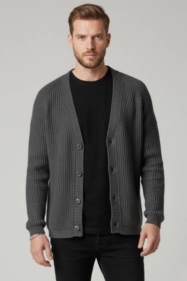 Selanik Örgü Düğmeli Erkek Triko Hırka Füme - Yeni Erkek Giyim