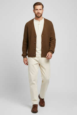 Selanik Örgü Düğmeli Erkek Triko Hırka Kahve - Yeni Erkek Giyim