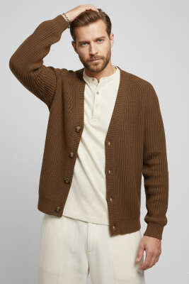 Selanik Örgü Düğmeli Erkek Triko Hırka Kahve - BY MAMİ