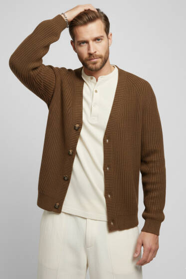 Selanik Örgü Düğmeli Erkek Triko Hırka Kahve - Yeni Erkek Giyim