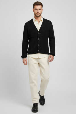 Selanik Örgü Düğmeli Erkek Triko Hırka Siyah - Erkek Hırka