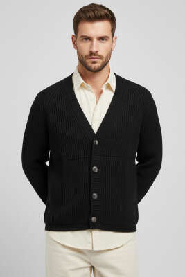 Selanik Örgü Düğmeli Erkek Triko Hırka Siyah - BY MAMİ