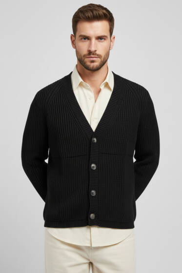 Selanik Örgü Düğmeli Erkek Triko Hırka Siyah - Yeni Erkek Giyim