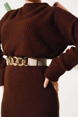 Selanik Örgü Etekli Salaş Triko Takım Kahve - Triko İkili Takım