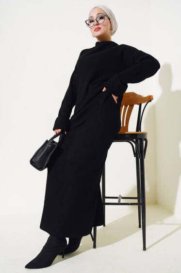 Selanik Örgü Etekli Salaş Triko Takım Siyah - İkili Takım