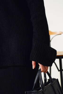 Selanik Örgü Etekli Salaş Triko Takım Siyah - Triko İkili Takım