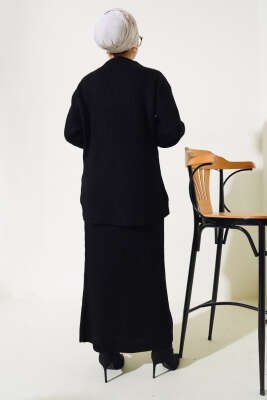 Selanik Örgü Etekli Salaş Triko Takım Siyah - Triko İkili Takım