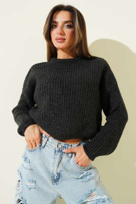 Selanik Örgü Kısa Triko Yumoş Kazak Antrasit 