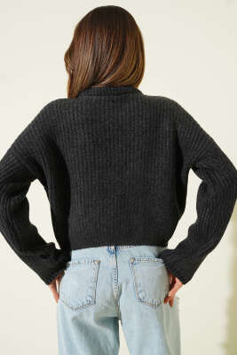 Selanik Örgü Kısa Triko Yumoş Kazak Antrasit - Kadın Giyim Modelleri