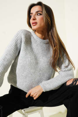 Selanik Örgü Kısa Triko Yumoş Kazak Gri - 2512