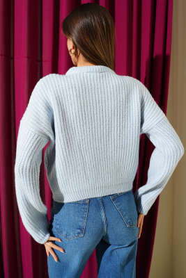 Selanik Örgü Kısa Triko Yumoş Kazak Mavi - Kadın Giyim Modelleri