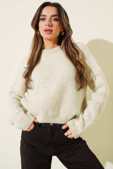 Selanik Örgü Kısa Triko Yumoş Kazak Taş - Kadın Giyim Modelleri