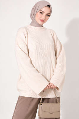 Selanik Örgü Oversize Triko Tunik Bej - FİXAY