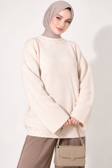 Selanik Örgü Oversize Triko Tunik Bej - Tunik