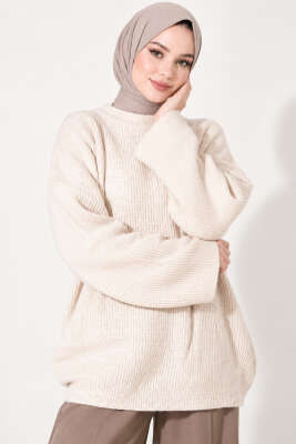 Selanik Örgü Oversize Triko Tunik Bej - Tunik