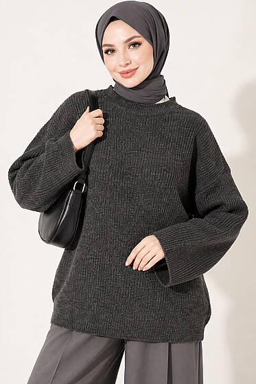 Selanik Örgü Oversize Triko Tunik Füme - Tunik