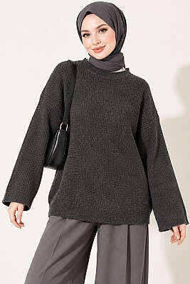 Selanik Örgü Oversize Triko Tunik Füme - Tunik