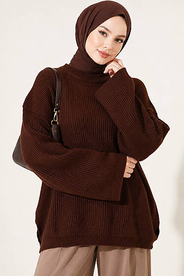 Selanik Örgü Oversize Triko Tunik Kahve - Tunik