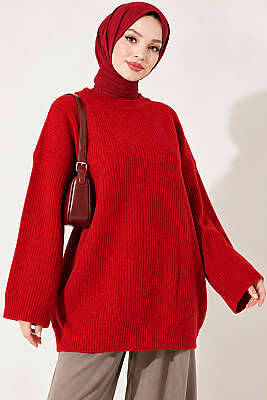 Selanik Örgü Oversize Triko Tunik Kırmızı - FİXAY