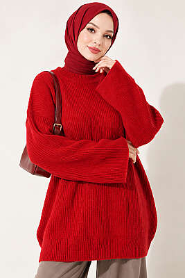 Selanik Örgü Oversize Triko Tunik Kırmızı - Tunik