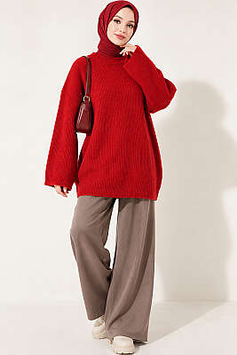 Selanik Örgü Oversize Triko Tunik Kırmızı - Tunik