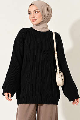 Selanik Örgü Oversize Triko Tunik Siyah - FİXAY