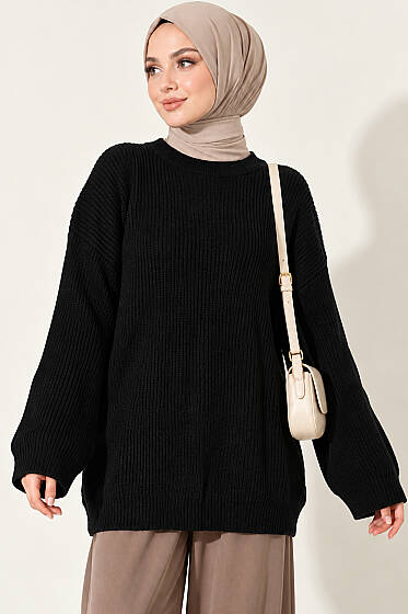 Selanik Örgü Oversize Triko Tunik Siyah - Tunik