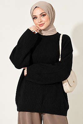Selanik Örgü Oversize Triko Tunik Siyah - Tunik