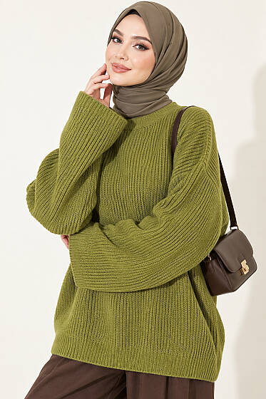 Selanik Örgü Oversize Triko Tunik Yeşil - Tunik