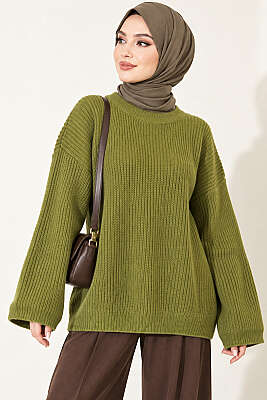 Selanik Örgü Oversize Triko Tunik Yeşil - Tunik