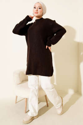 Selanik Örgü Yumoş Triko Tunik Acı Kahve - Tunik
